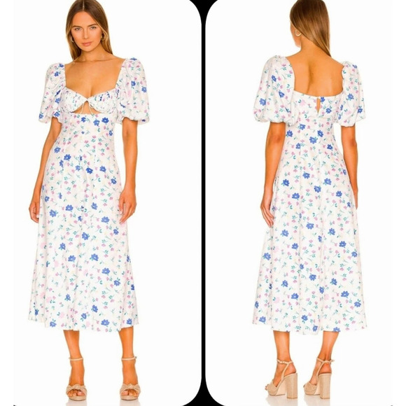NWT! For Love & Lemons L Lexy Puff Sleeve Maxi Dress Cutout White Floral Midi - Picture 2 of 10